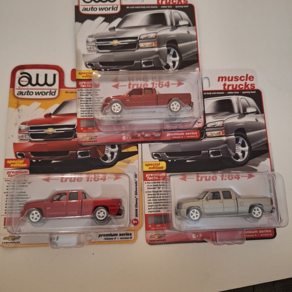 2024 AUTO WORLD Muscle Trucks 2006 Chevy Silverado SS Silver,Red + Ultra Red Lot